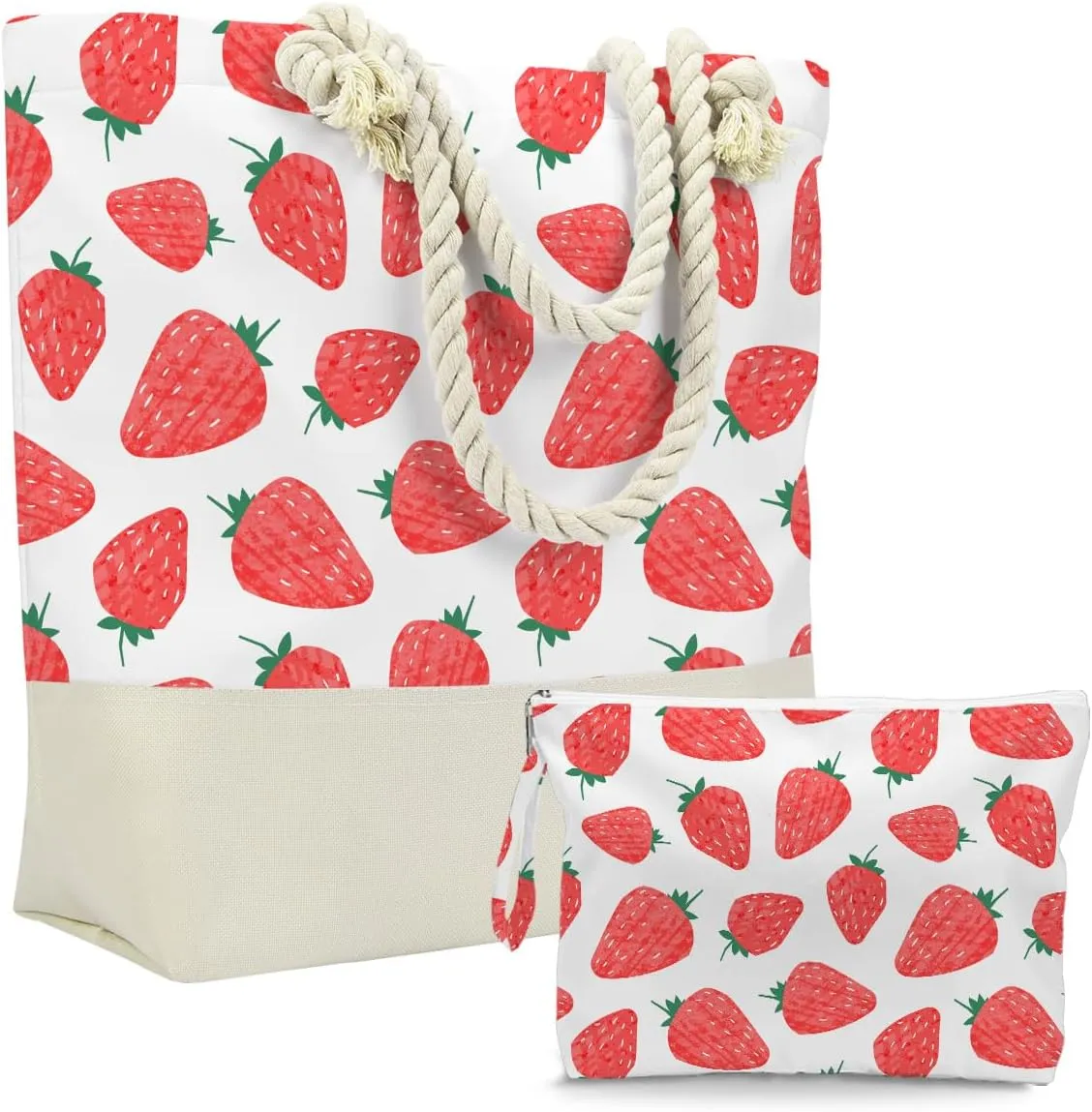 BELLOWDEER Beach Bags for Women, Wet Bag Cosmetic Bag, Pool Waterproof Shoulder Tote Bags, Pocket Zipper Summer Travel Essentials, Gifts for Women Birthday - Strawberry (2-Piece Set)