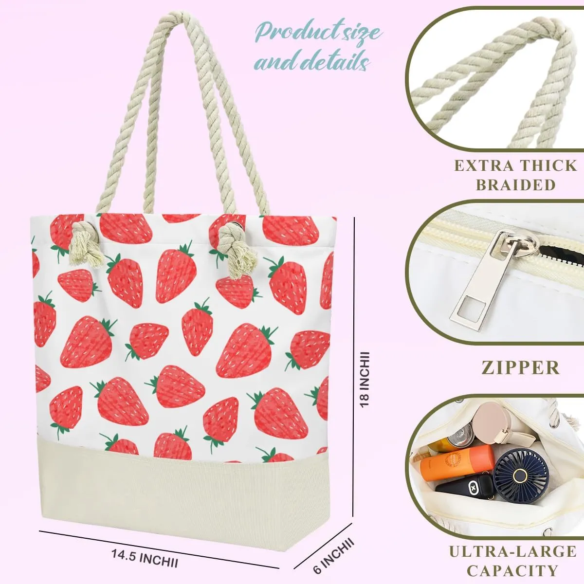 BELLOWDEER Beach Bags for Women, Wet Bag Cosmetic Bag, Pool Waterproof Shoulder Tote Bags, Pocket Zipper Summer Travel Essentials, Gifts for Women Birthday - Strawberry (2-Piece Set)
