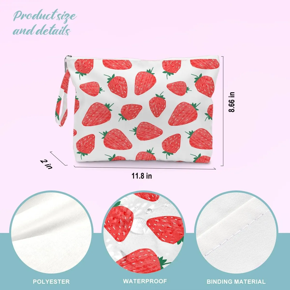 BELLOWDEER Beach Bags for Women, Wet Bag Cosmetic Bag, Pool Waterproof Shoulder Tote Bags, Pocket Zipper Summer Travel Essentials, Gifts for Women Birthday - Strawberry (2-Piece Set)