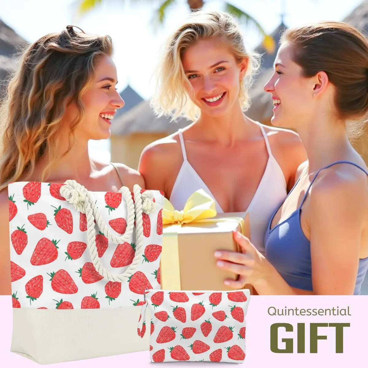 BELLOWDEER Beach Bags for Women, Wet Bag Cosmetic Bag, Pool Waterproof Shoulder Tote Bags, Pocket Zipper Summer Travel Essentials, Gifts for Women Birthday - Strawberry (2-Piece Set)