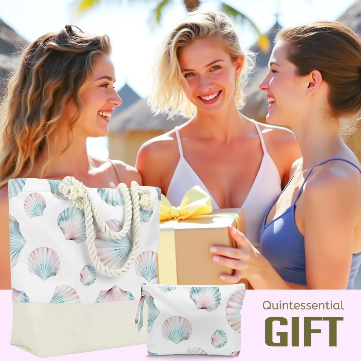 BELLOWDEER Beach Bags for Women, Wet Bag Cosmetic Bag, Pool Waterproof Shoulder Tote Bags, Pocket Zipper Summer Travel Essentials, Gifts for Women Birthday - Summer Shells (2-Piece Set)