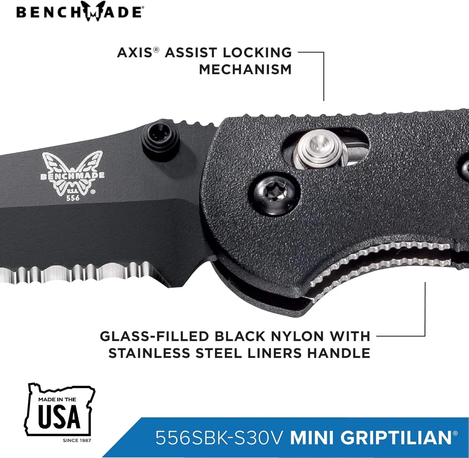 Benchmade Mini Griptilian Knife Drop-Point Blade Made EDC Manual Finish 556 Handle