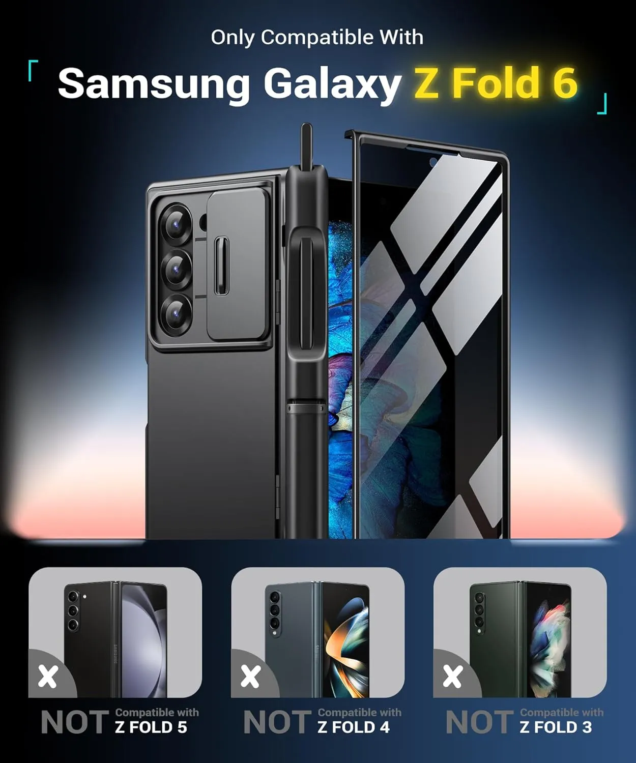 BERFY for Samsung Galaxy Z Fold 6 Case with Privacy Screen Protector, [2 Invisible Kickstand]Built-in S Pen Holder and Slide Camera Cover, [Anti Spy]Full-Body Shockproof Phone Case for Z Fold 6, Black