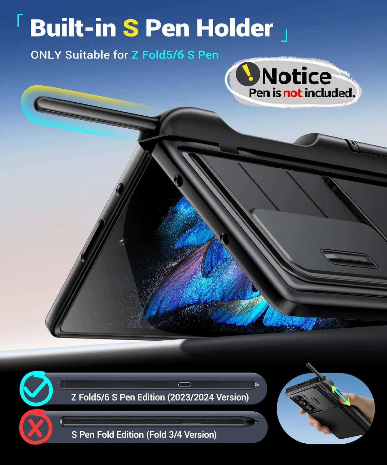 BERFY for Samsung Galaxy Z Fold 6 Case with Privacy Screen Protector, [2 Invisible Kickstand]Built-in S Pen Holder and Slide Camera Cover, [Anti Spy]Full-Body Shockproof Phone Case for Z Fold 6, Black