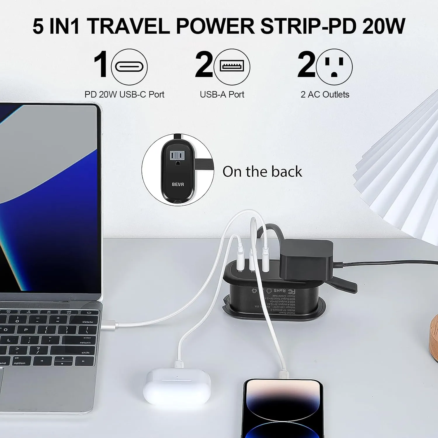 BEVA Travel Power Strip with USB Ports, 4FT Travel Flat Plug Extension Cord, Fast Charge PD 20W 2 Outlets 3 USB Ports, Non Surge Protector for Cruise Ship Travel Essentials(PD20W Charge Black)