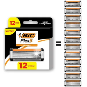 BIC Flex 5 Refillable Men's Razor, Ideal Head Shavers for Bald Men, 12 Refill Cartridges, 5 Blade Razors for a Close Shave