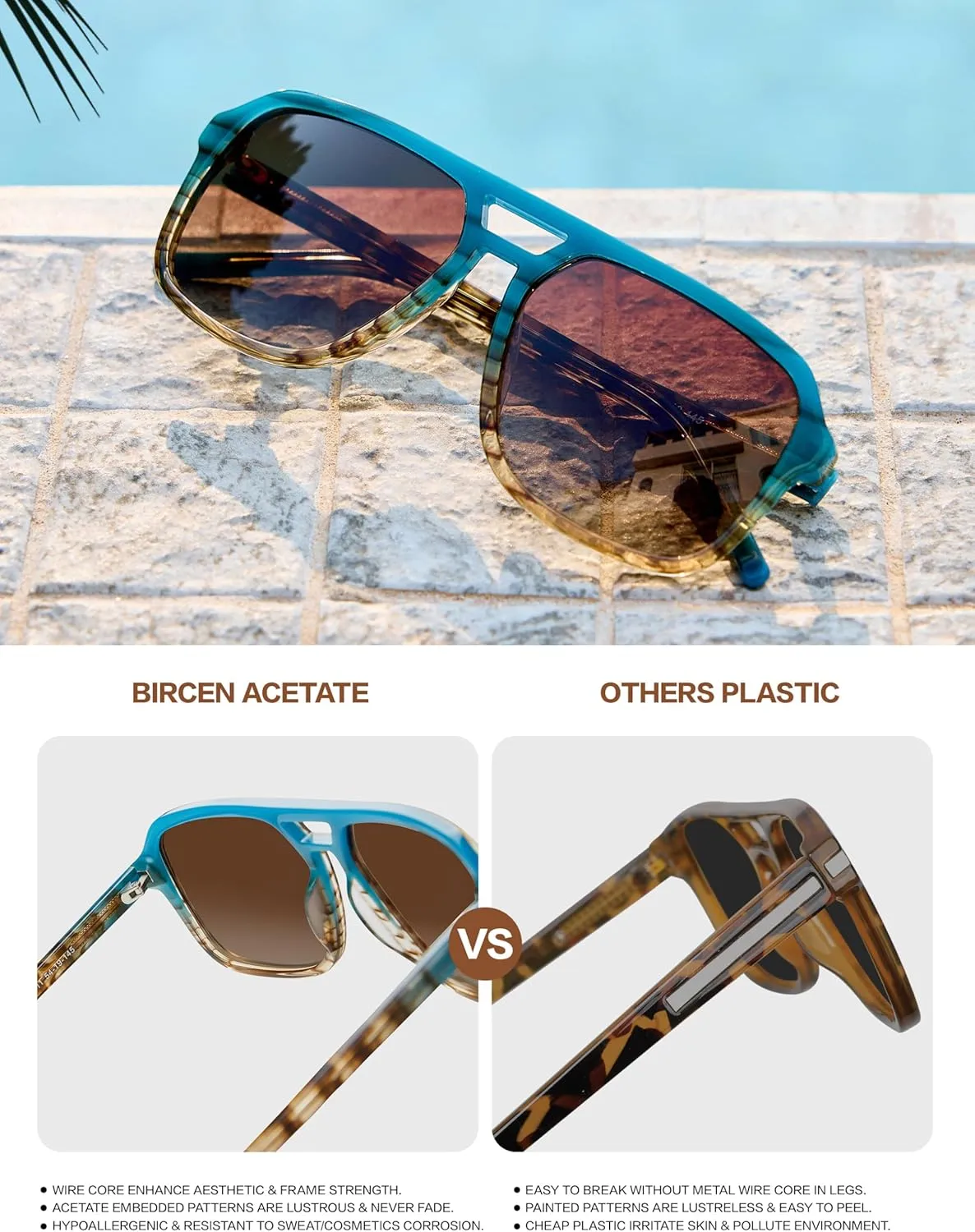 BIRCEN Women Polarized Acetate Sunglasses: Fashion Square Aviator Shades UV Protection for Trendy Laides Travel Beach Outdoor