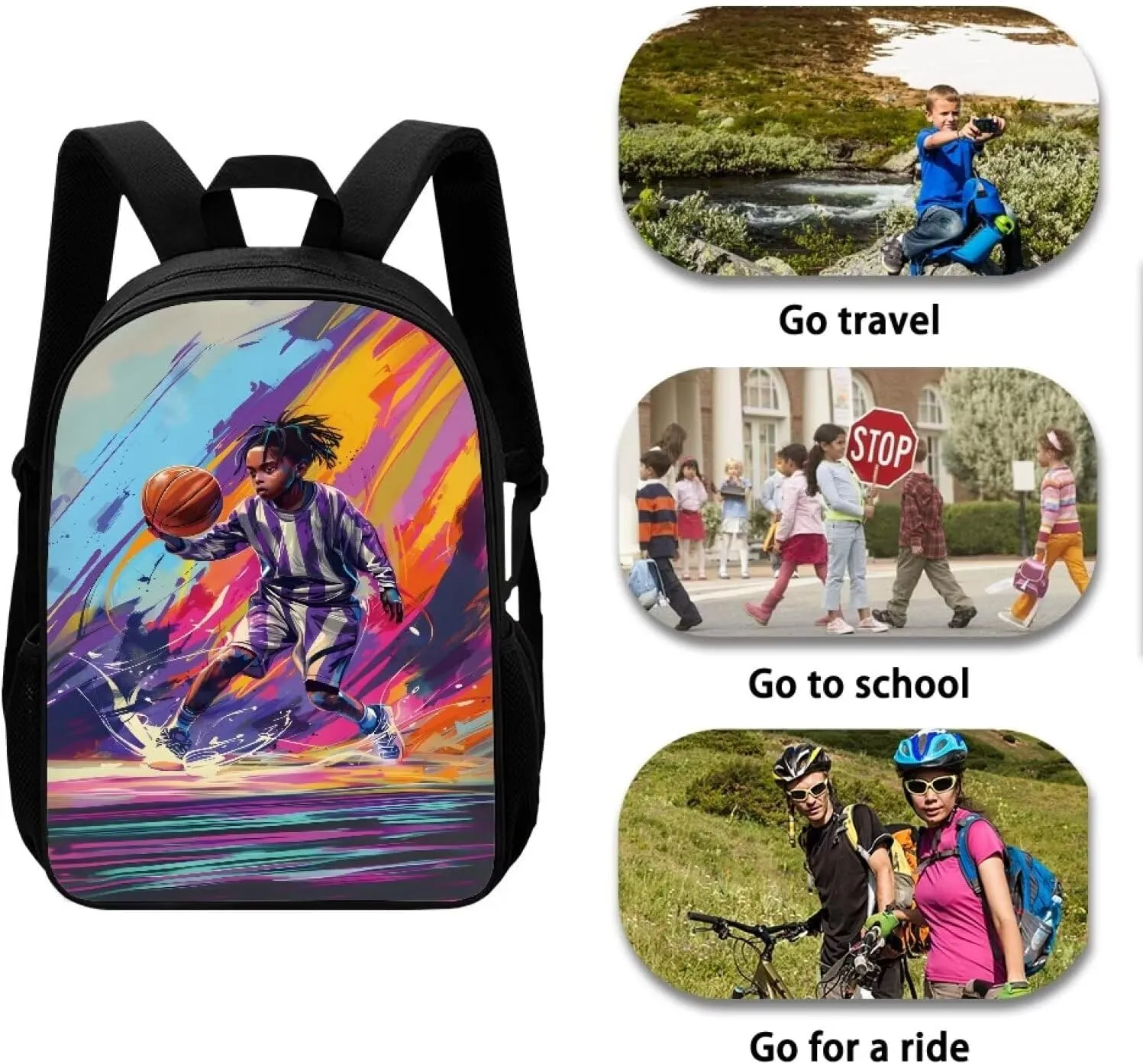 Biyejit Large Backpack for Kids School Book Bags Girls Rucksack Lightweight Bookbags Schoolbag, African Boy Basketball