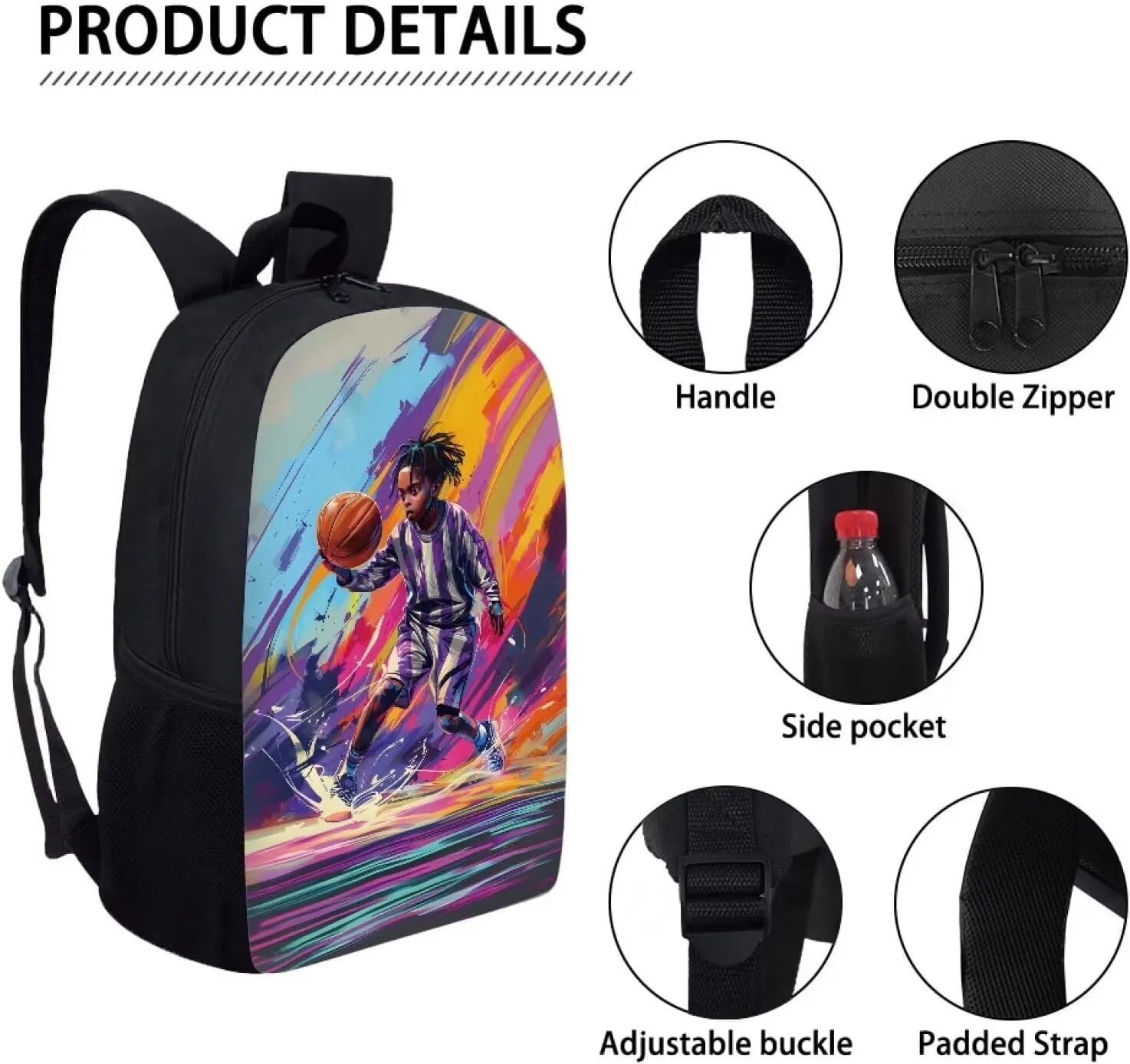 Biyejit Large Backpack for Kids School Book Bags Girls Rucksack Lightweight Bookbags Schoolbag, African Boy Basketball