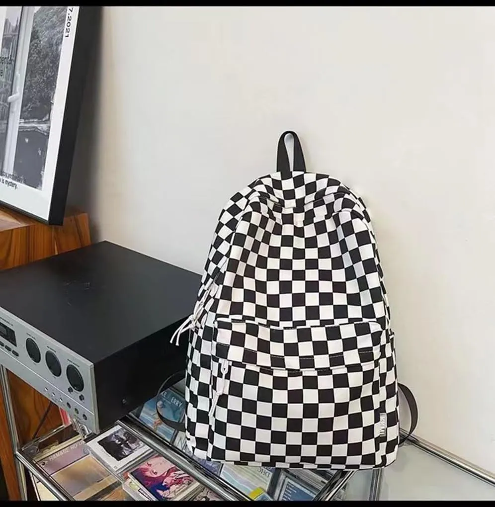 Black White Race Checkered Cute Bag Travel Daypack Water Proof Large Bookbag for Women Stylish Rucksack (Black)