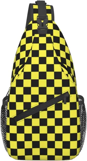 Black Yellow Race Checkered Flag Crossbody Bags Cross Men Chest Bag Adjustable Sling Backpack Shoulder Bag For Women Cycling Travel Sport Hiking