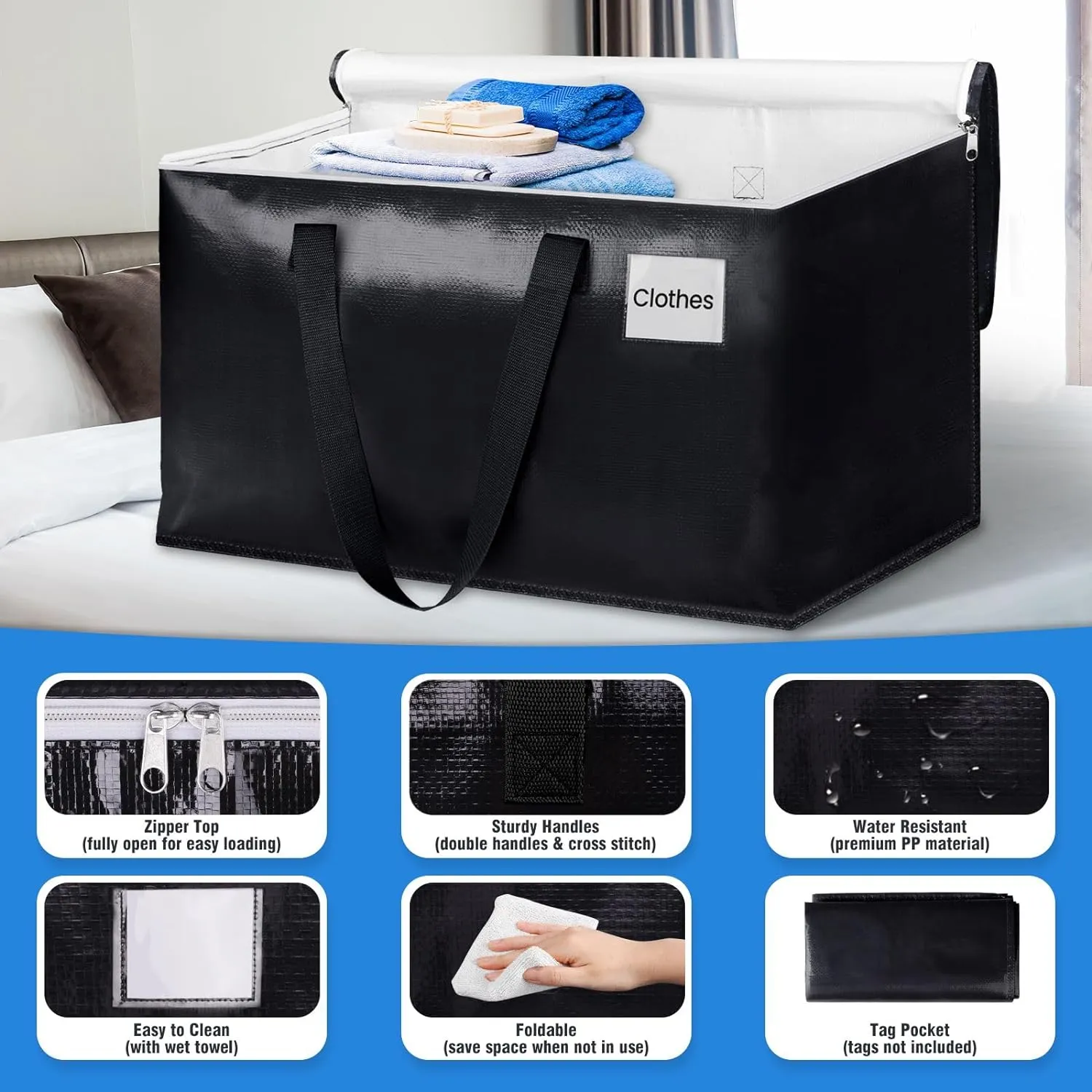 BlissTotes Moving Bags, Heavy Duty Moving Boxes with Zippers Top and Sturdy Handles, Storage Bags for Space Saving and Packing, Collapsible Moving Supplies, Storage Totes (125L, 10-Pack, Black)