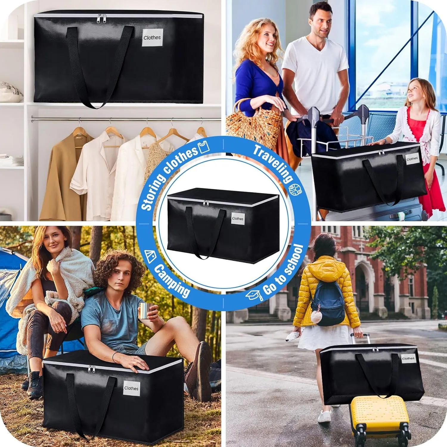 BlissTotes Moving Bags, Heavy Duty Moving Boxes with Zippers Top and Sturdy Handles, Storage Bags for Space Saving and Packing, Collapsible Moving Supplies, Storage Totes (125L, 10-Pack, Black)