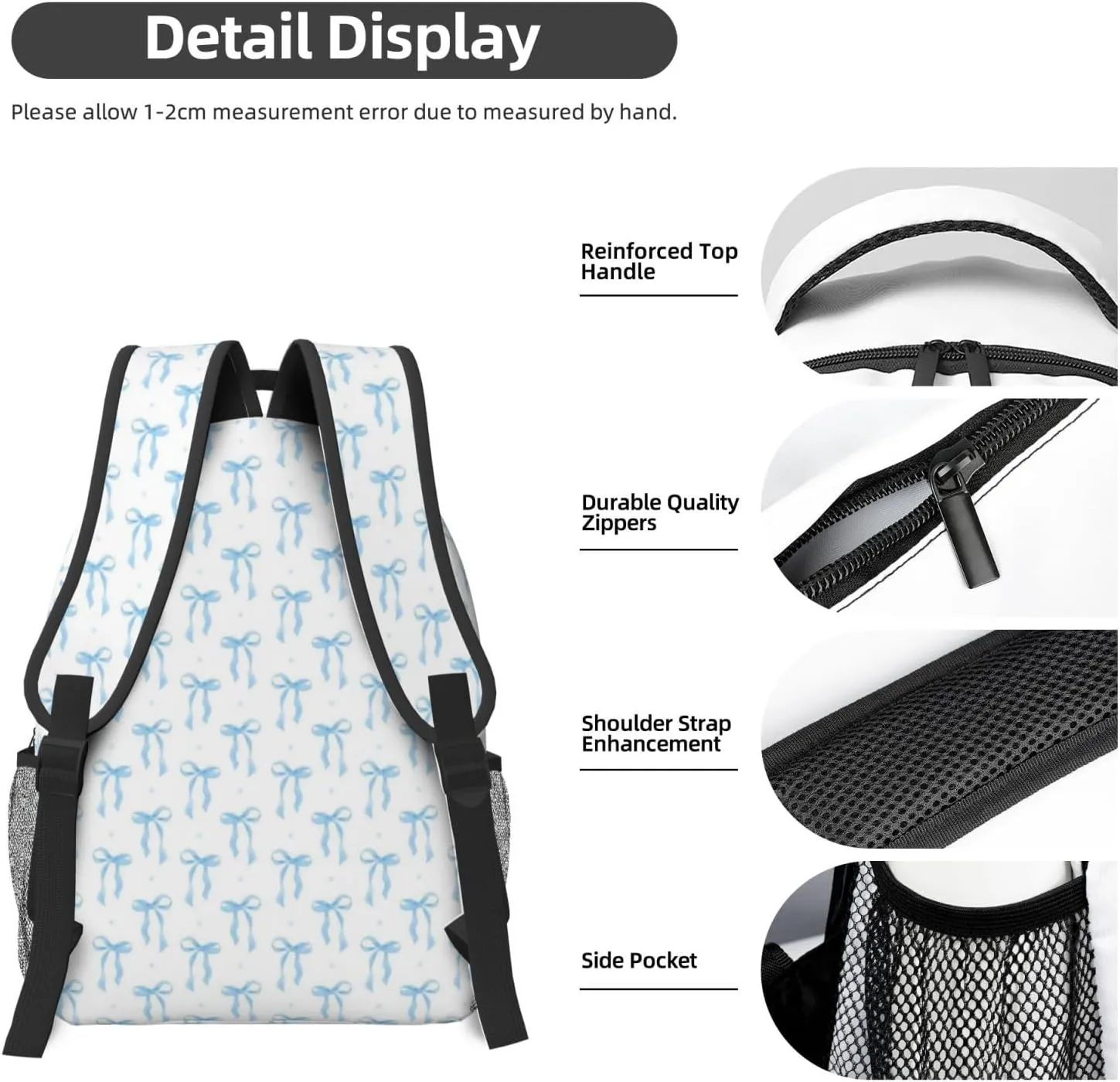 Blue Bow Backpack For Women Men Preppy Lightweight Backpack Laptop Travel Sports Bag Casual Daypack Backpack Adjustable Shoulder Straps With Multiple Pockets