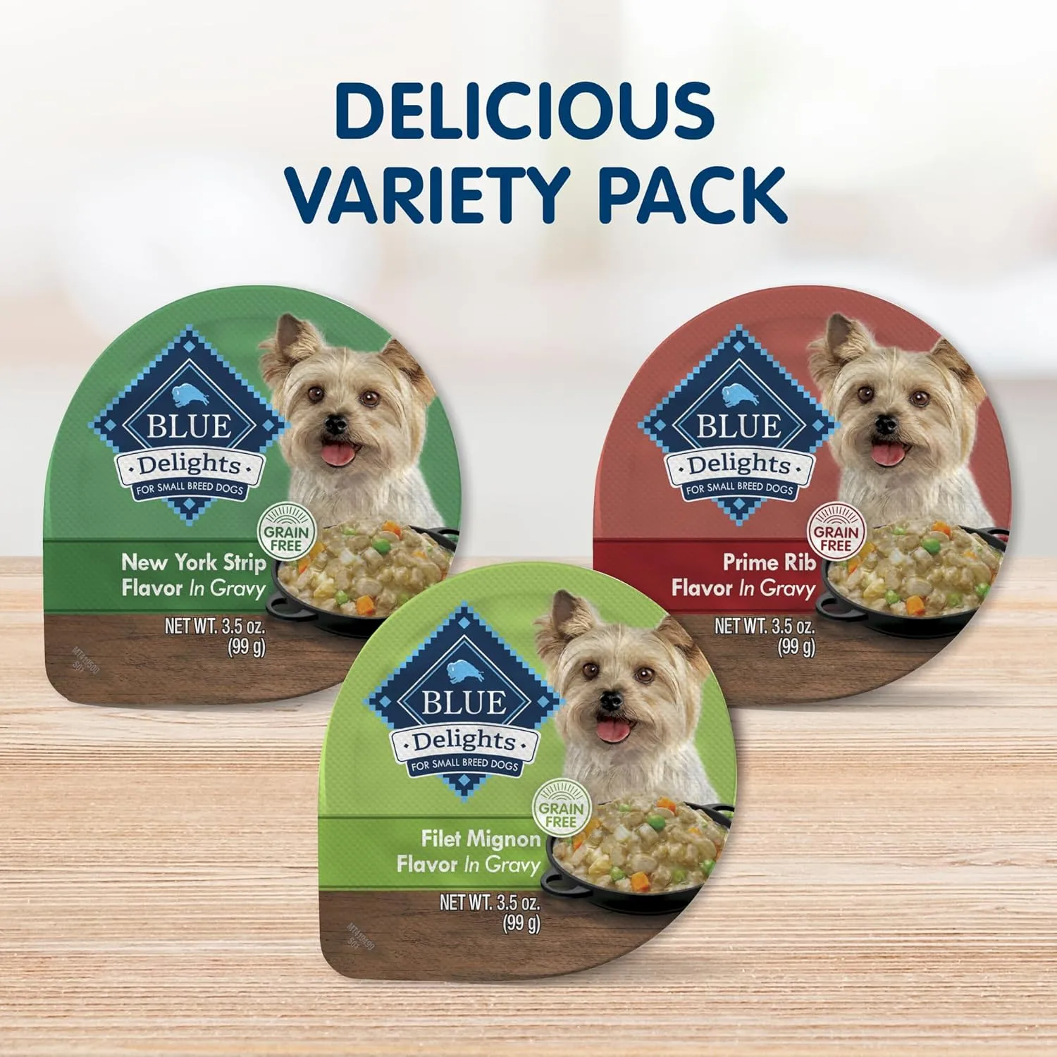Blue Buffalo Delights Natural Adult Small Breed Wet Dog Food Cups, Pate Style, Prime Rib, NY Strip, and Filet Mignon 3.5-oz (24 Pack- 8 of Each Flavor)