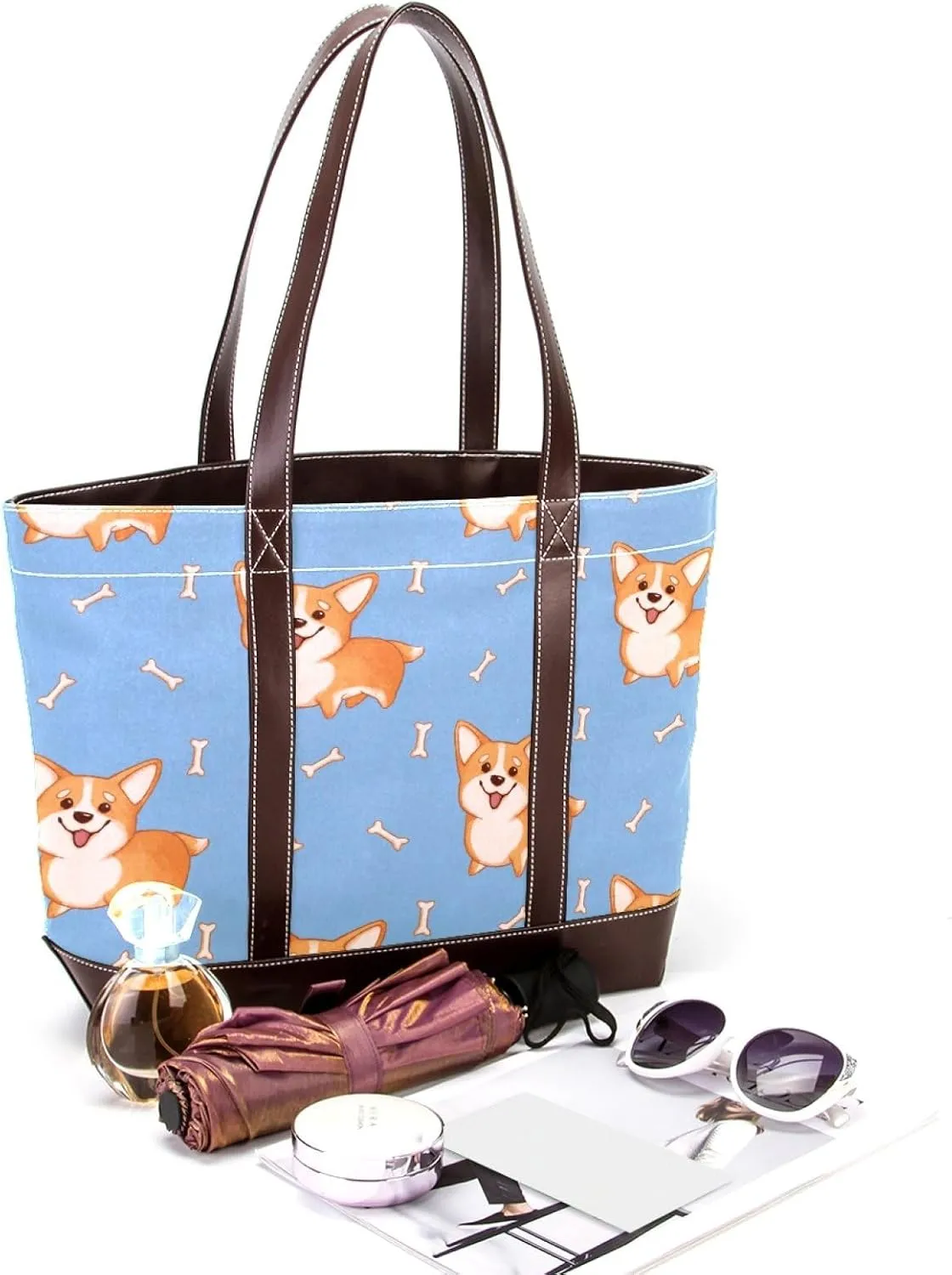 Blue Corgi Dog Fashion Leather Purse Bag for Women Top Handle Ladies Shoulder Bags with Pockets Zipper