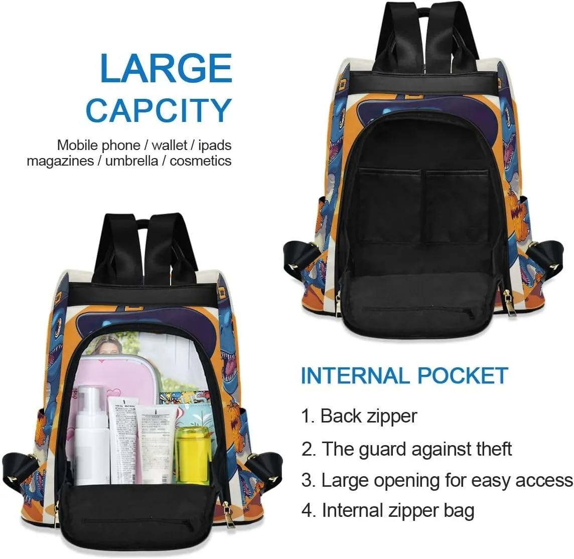 Blue Dinosaur Halloween Pumpkin Women Backpack Purse Anti Theft Design Travel Hiking Camping Rucksack Pack