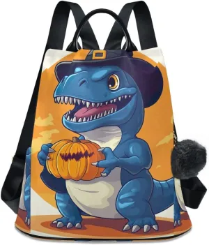 Blue Dinosaur Halloween Pumpkin Women Backpack Purse Anti Theft Design Travel Hiking Camping Rucksack Pack