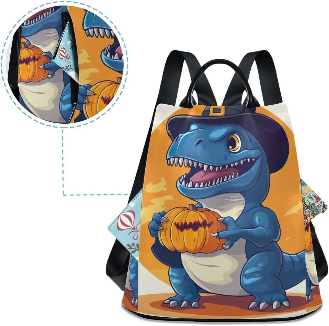 Blue Dinosaur Halloween Pumpkin Women Backpack Purse Anti Theft Design Travel Hiking Camping Rucksack Pack
