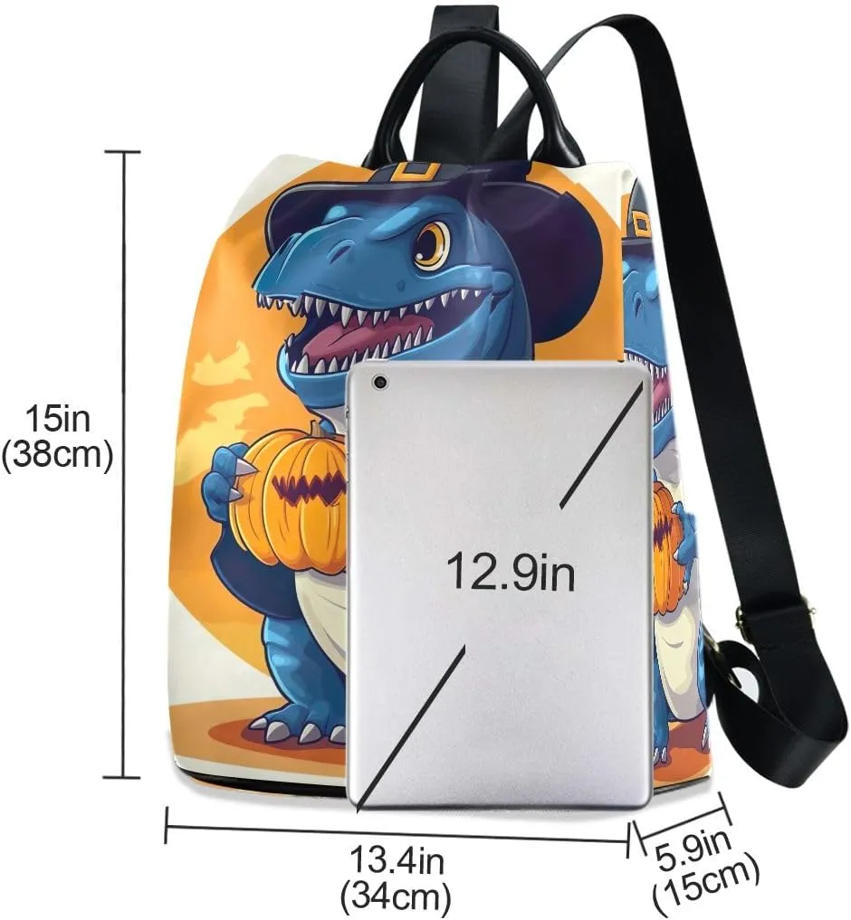 Blue Dinosaur Halloween Pumpkin Women Backpack Purse Anti Theft Design Travel Hiking Camping Rucksack Pack