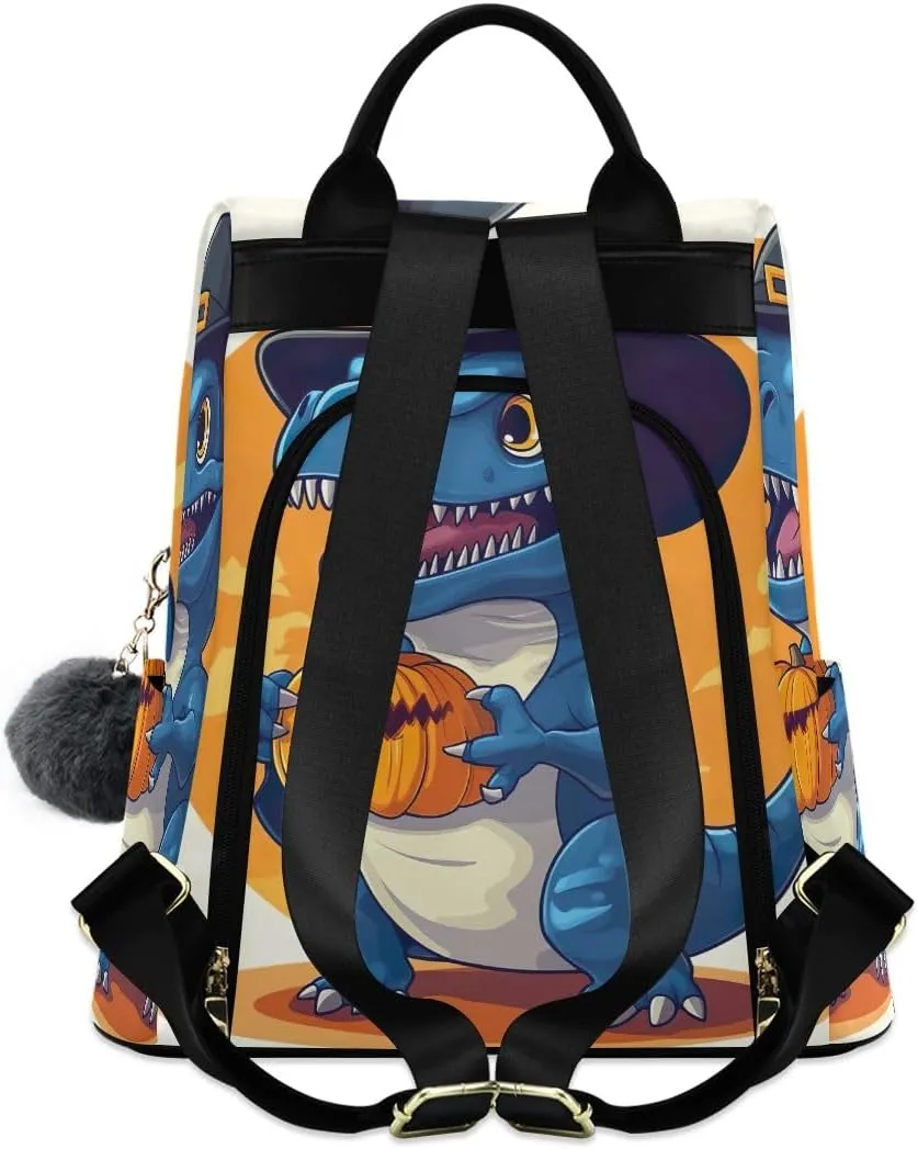 Blue Dinosaur Halloween Pumpkin Women Backpack Purse Anti Theft Design Travel Hiking Camping Rucksack Pack