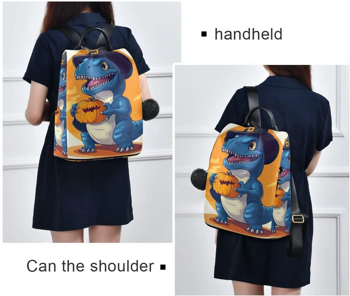 Blue Dinosaur Halloween Pumpkin Women Backpack Purse Anti Theft Design Travel Hiking Camping Rucksack Pack