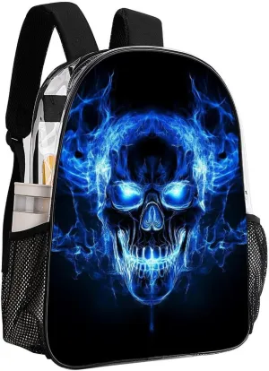Blue Fire Flame Skull Daypack Lightweight Multipurpose Anti-Theft Shoulder Bag Large Capacity Laptop Book Bag Rucksack Transparent Bag