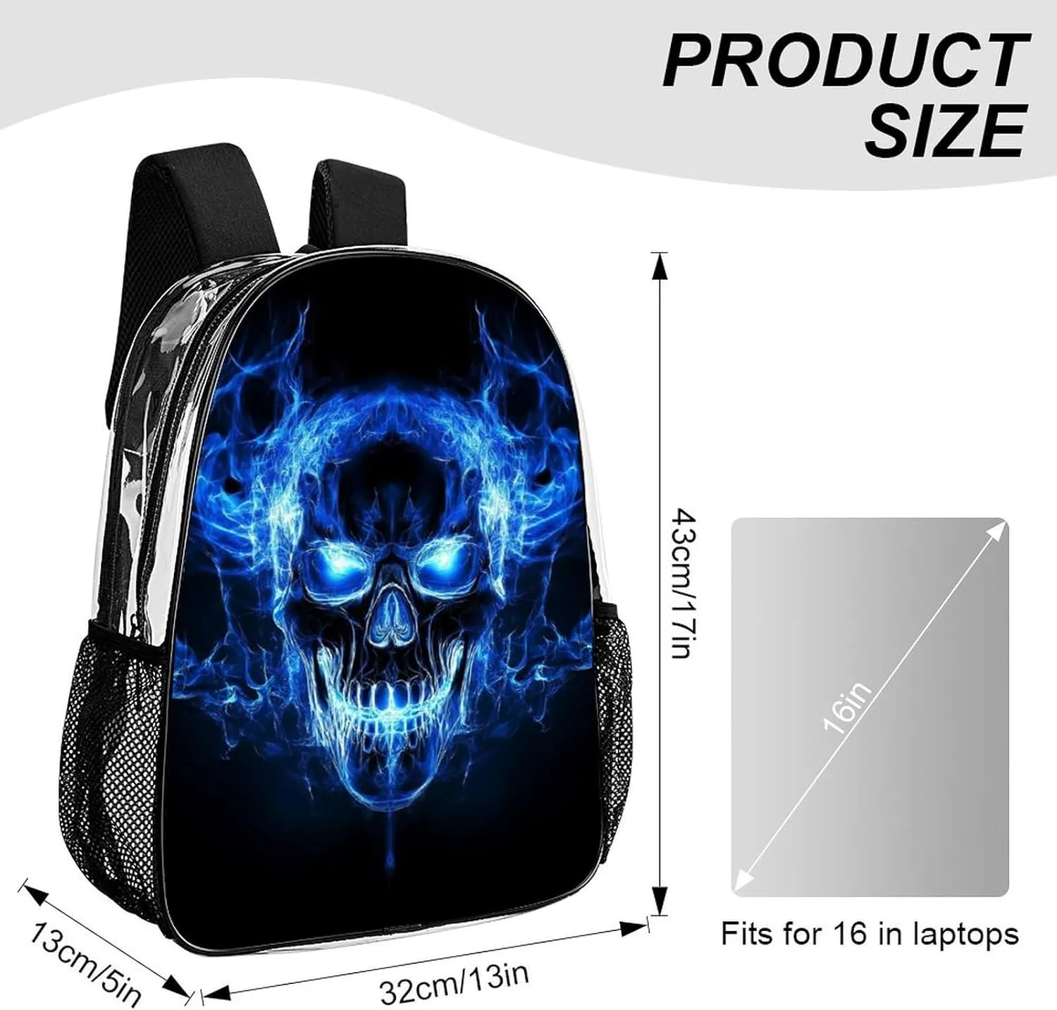 Blue Fire Flame Skull Daypack Lightweight Multipurpose Anti-Theft Shoulder Bag Large Capacity Laptop Book Bag Rucksack Transparent Bag