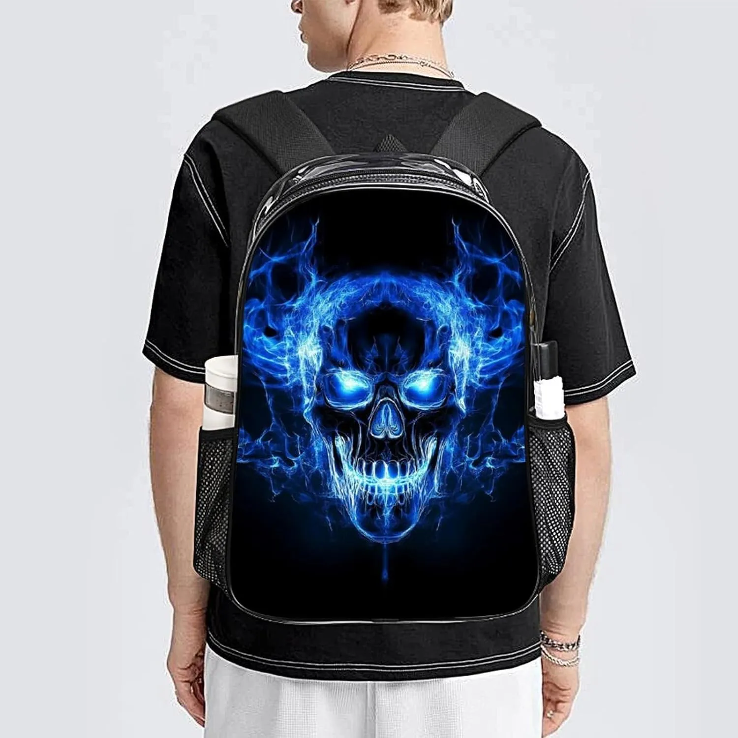 Blue Fire Flame Skull Daypack Lightweight Multipurpose Anti-Theft Shoulder Bag Large Capacity Laptop Book Bag Rucksack Transparent Bag