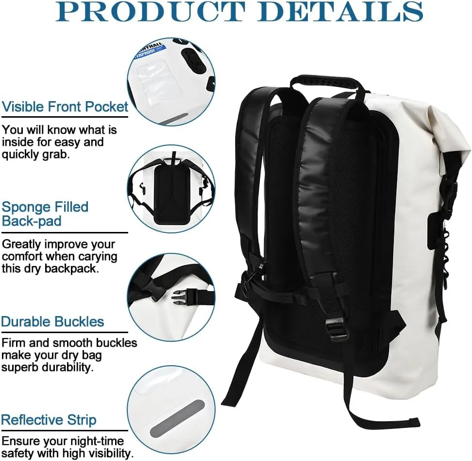 Blueshyhall 35L Waterproof Dry Backpack, Outdoor Travel Roll Top Closure Water Repellent Duffle Storage Sack for Kayaking Rafting Boating Fishing Camping and Beach - White