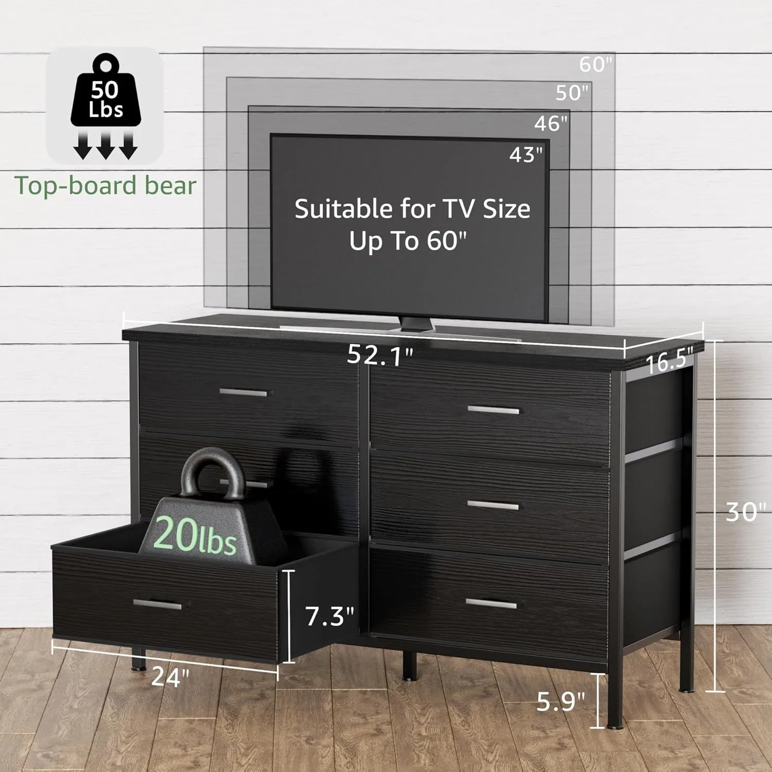 BOLUO Wide Black Dresser for Bedroom 6 Drawer, Dresser TV Stand for 60" TV Dressers & Chests of Drawers Fabric for Closet Modern