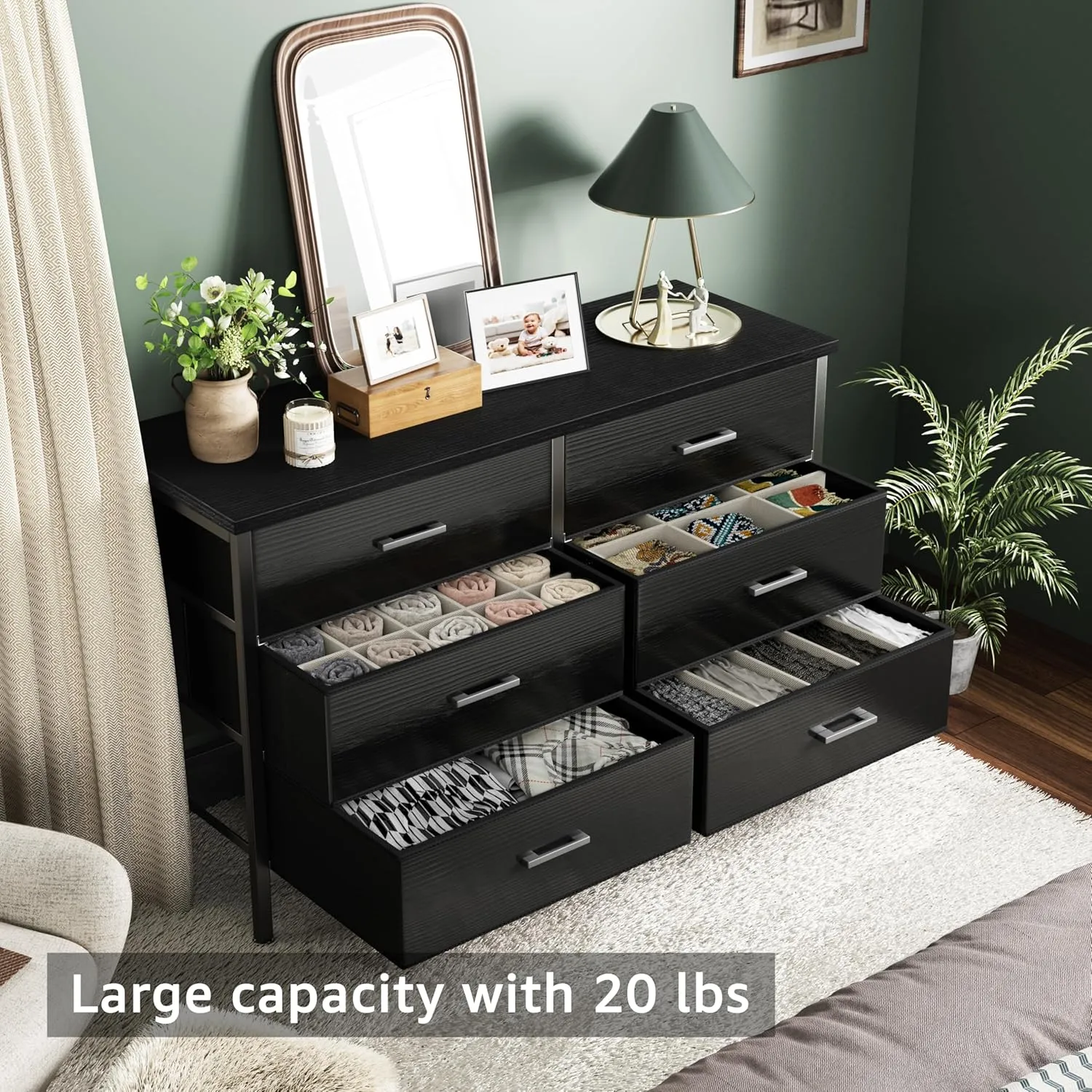 BOLUO Wide Black Dresser for Bedroom 6 Drawer, Dresser TV Stand for 60" TV Dressers & Chests of Drawers Fabric for Closet Modern