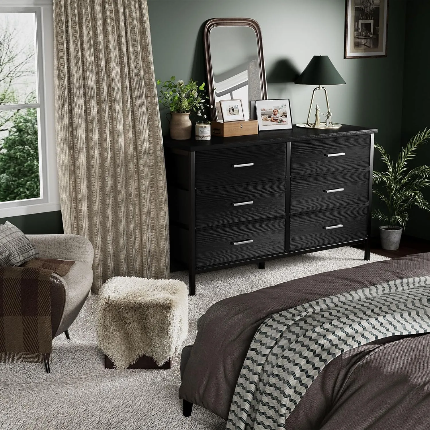 BOLUO Wide Black Dresser for Bedroom 6 Drawer, Dresser TV Stand for 60" TV Dressers & Chests of Drawers Fabric for Closet Modern