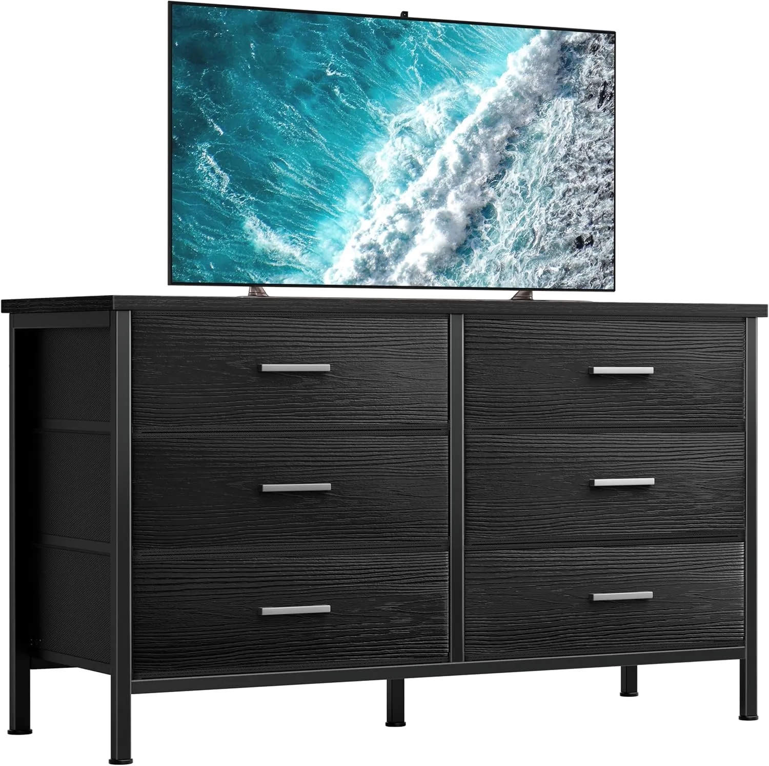 BOLUO Wide Black Dresser for Bedroom 6 Drawer, Dresser TV Stand for 60" TV Dressers & Chests of Drawers Fabric for Closet Modern