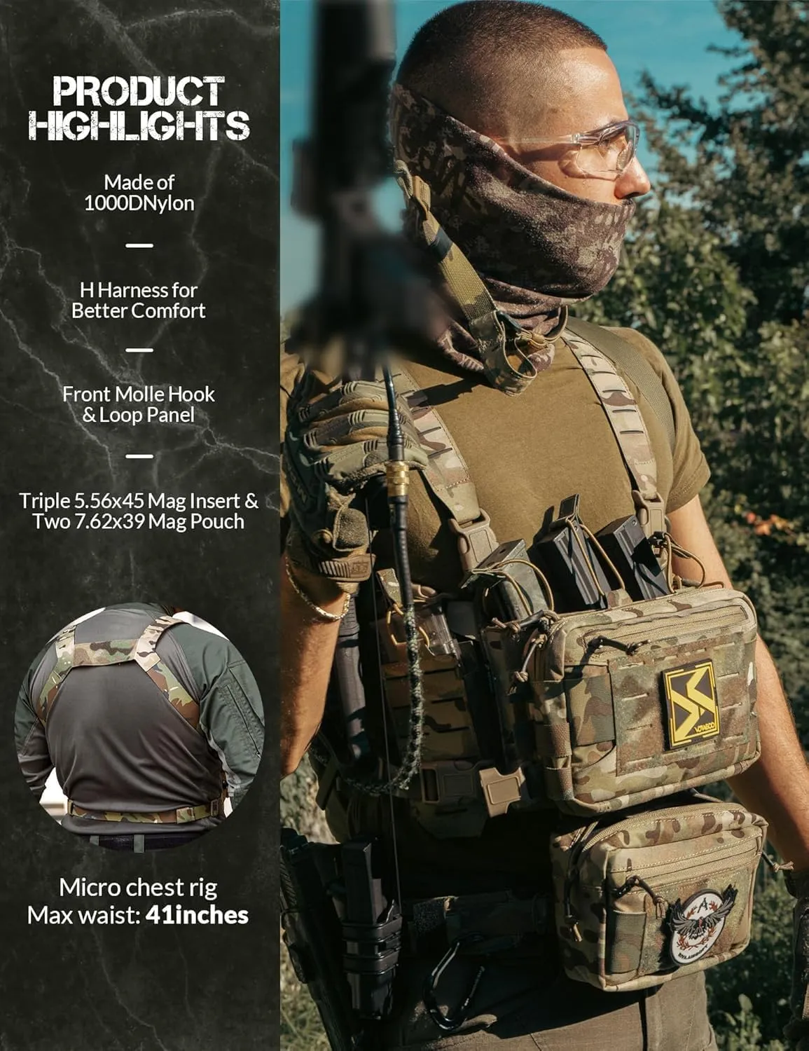 BOMTURN Chest Rig Tactical Chest Rig 1000D Molle Micro Chest Rigs Adjustable Detachable Modular Vest with Mag Pouch