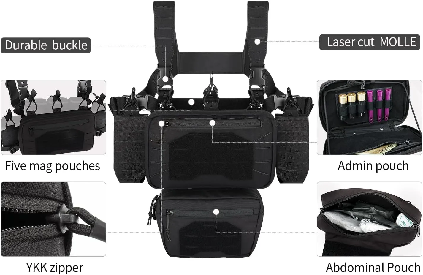 BOMTURN Chest Rig Tactical Chest Rig 1000D Molle Micro Chest Rigs Adjustable Detachable Modular Vest with Mag Pouch