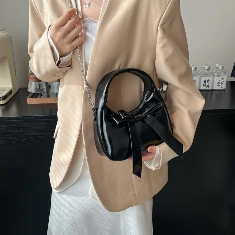 Bow Purse,Cute Clutch Y2K Crossbody Bag,Soft Leather Shoulder Bag Top-handle Small Designer Handbag with Chain Strap