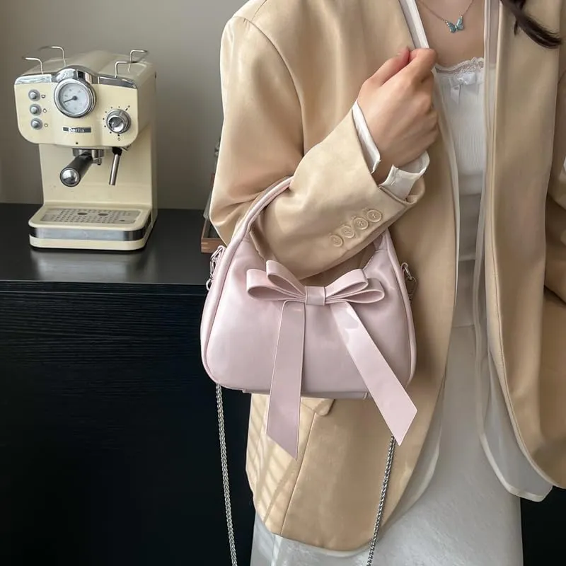 Bow Purse,Cute Clutch Y2K Crossbody Bag,Soft Leather Shoulder Bag Top-handle Small Designer Handbag with Chain Strap