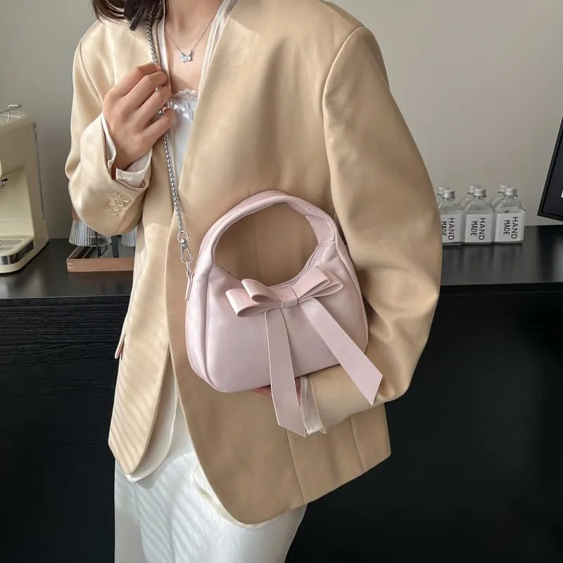 Bow Purse,Cute Clutch Y2K Crossbody Bag,Soft Leather Shoulder Bag Top-handle Small Designer Handbag with Chain Strap