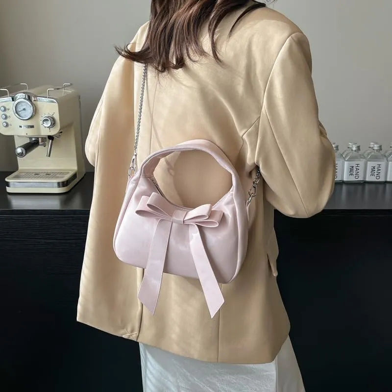 Bow Purse,Cute Clutch Y2K Crossbody Bag,Soft Leather Shoulder Bag Top-handle Small Designer Handbag with Chain Strap