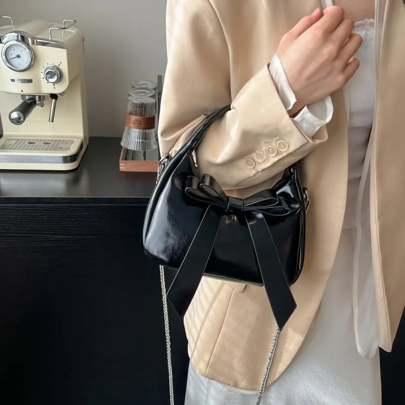Bow Purse,Cute Clutch Y2K Crossbody Bag,Soft Leather Shoulder Bag Top-handle Small Designer Handbag with Chain Strap