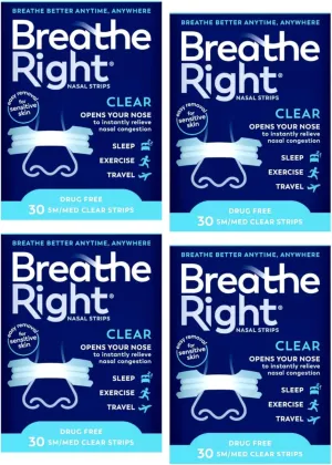 Breathe Right Nasal Strips Clear Sensitive Skin Small/Medium - 30 Strips, Pack of 4