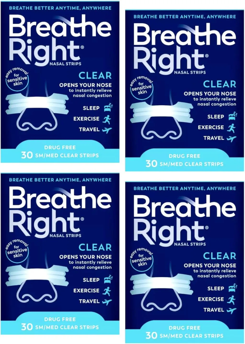 Breathe Right Nasal Strips Clear Sensitive Skin Small/Medium - 30 Strips, Pack of 4