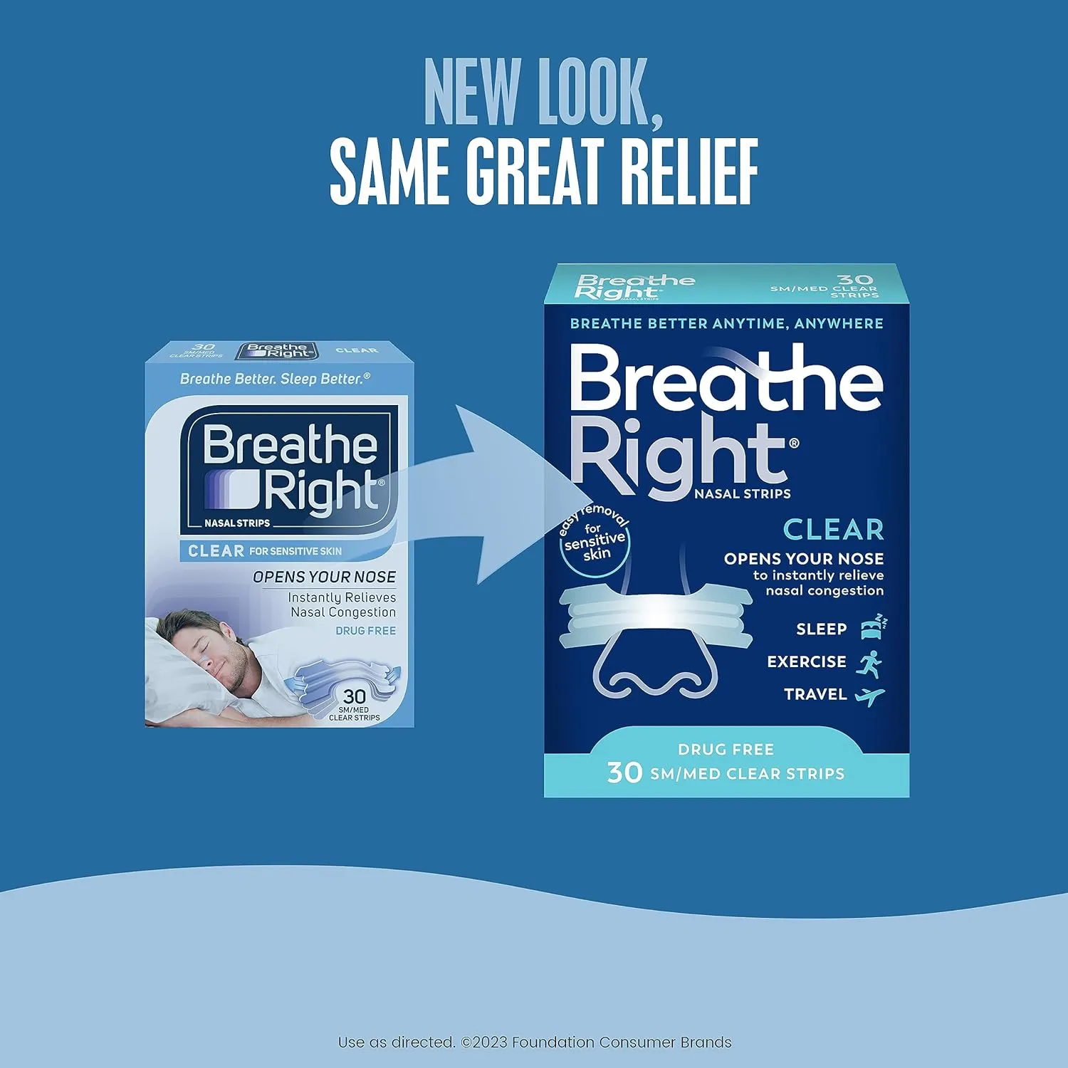 Breathe Right Original Nasal Strips | Clear | Sm/Med | for Sensitive Skin| Drug-Free Snoring Solution & Nasal Congestion Relief Caused by Colds & Allergies | 30 ct (Packaging May Vary) (Pack of 2)
