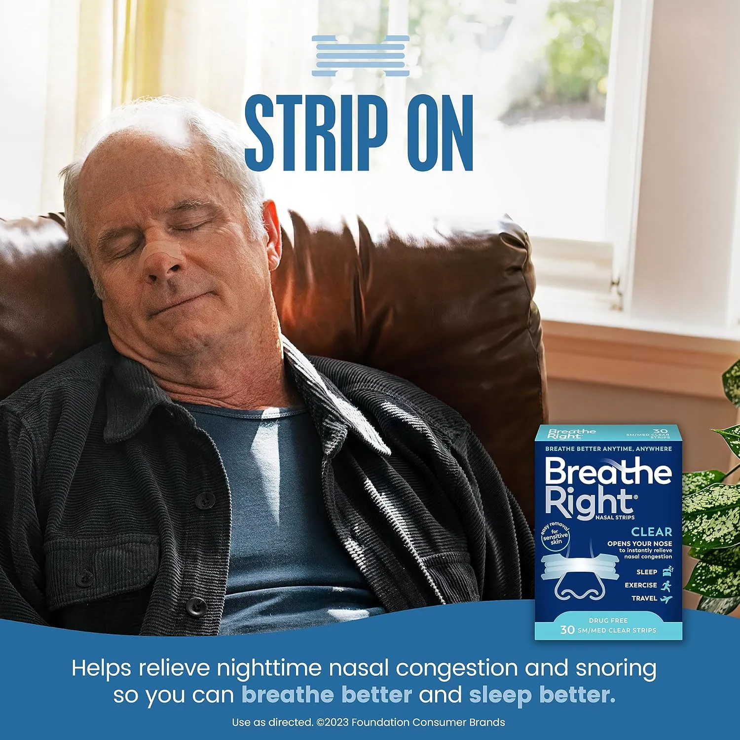 Breathe Right Original Nasal Strips | Clear | Sm/Med | for Sensitive Skin| Drug-Free Snoring Solution & Nasal Congestion Relief Caused by Colds & Allergies | 30 ct (Packaging May Vary) (Pack of 2)
