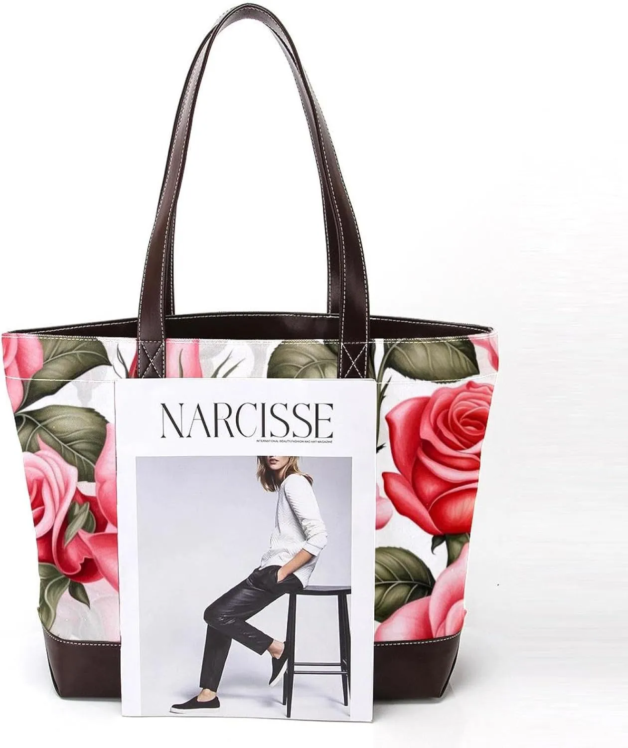 Bright Red Roses-947 Fashion Washed Durable Leather Purse Bag for Women Top Handle Ladies Shoulder Bags with Pockets Zipper