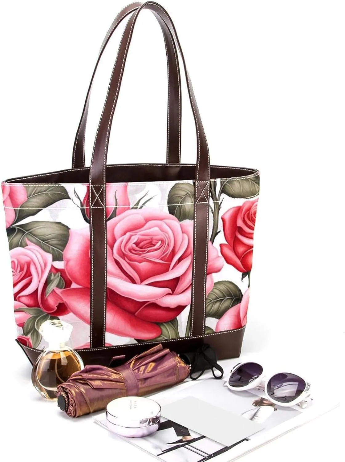 Bright Red Roses-947 Fashion Washed Durable Leather Purse Bag for Women Top Handle Ladies Shoulder Bags with Pockets Zipper