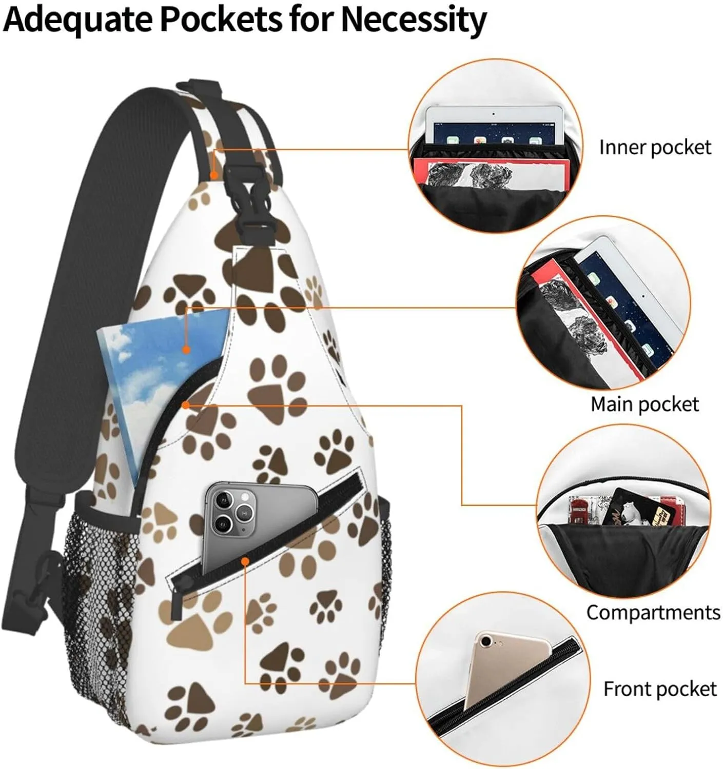 Brown Dog Paw Print Crossbody Bags Cross Men Chest Bag Adjustable Sling Backpack Shoulder Bag For Women Cycling Travel Sport Hiking