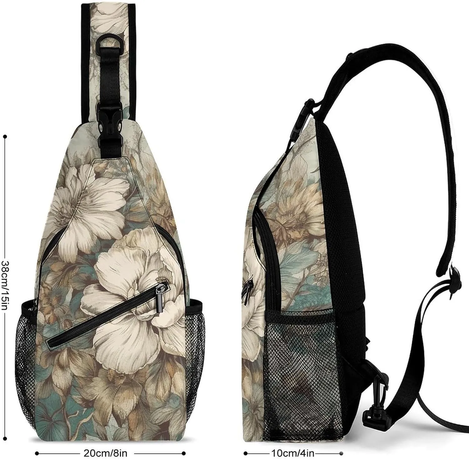 Brown Floral Pictures Sling Backpack Crossbody Sling Bag Chest Bag Daypack Fanny Pack Cross Body Bag for Outdoors
