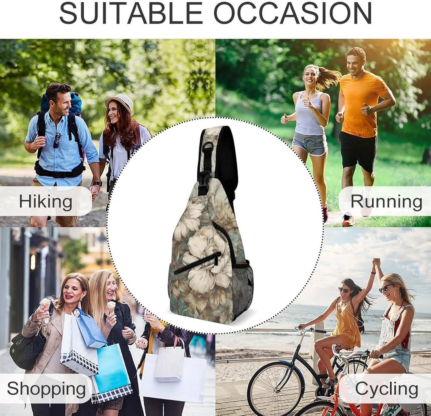 Brown Floral Pictures Sling Backpack Crossbody Sling Bag Chest Bag Daypack Fanny Pack Cross Body Bag for Outdoors